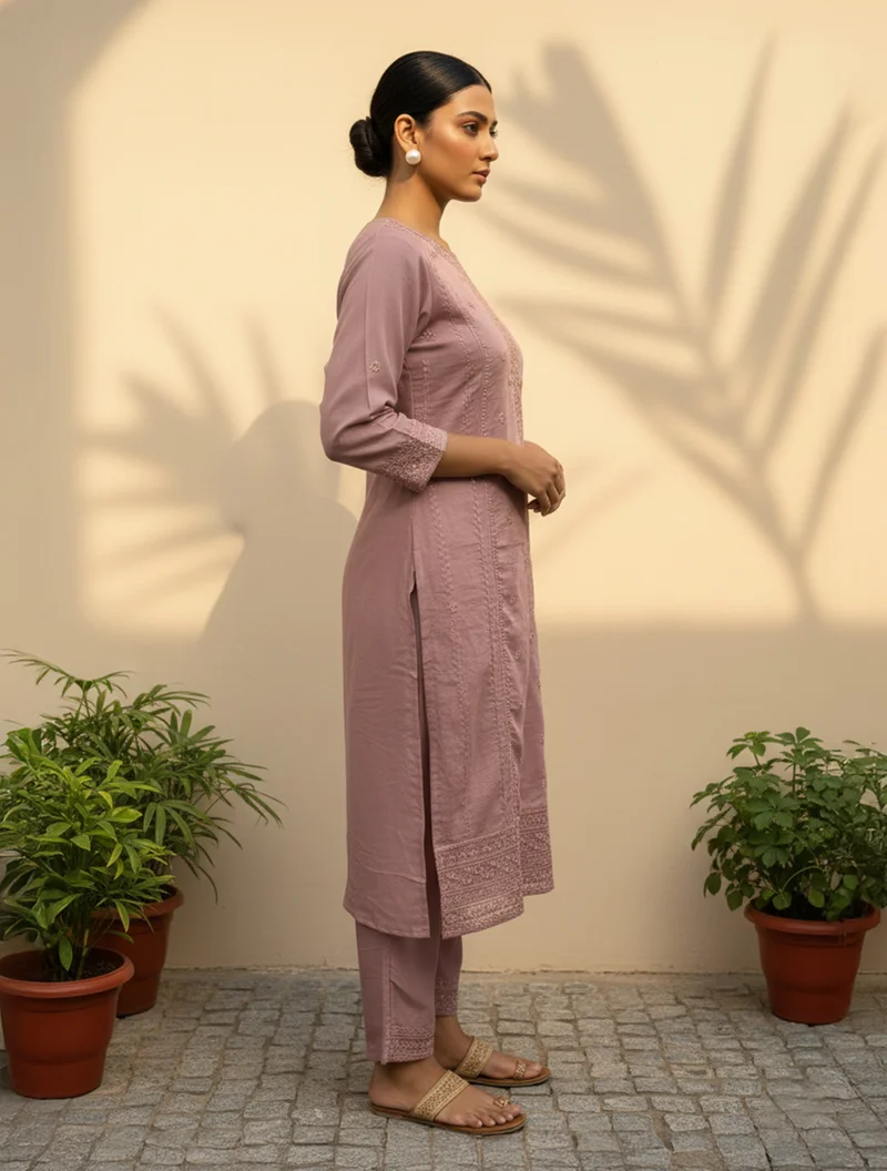ترو برونز trueBrowns Light Pink Embroidered Straight Kurta Dupatta Set